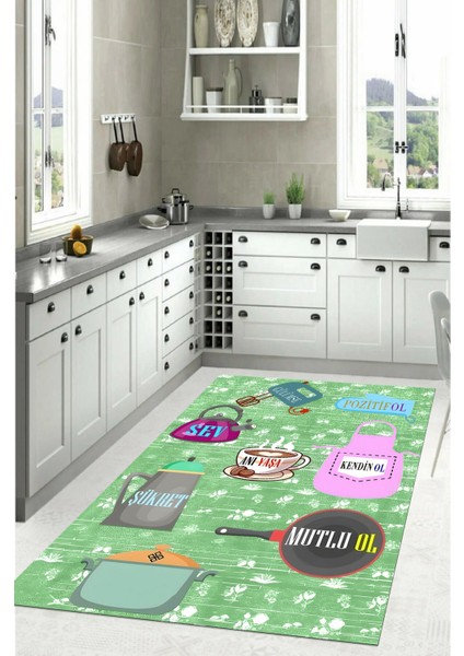 Baskılı Mutfak Eşya Desenli Yıkanabilir Kaymaz Yolluk Salon Mutfak Halısı, Mutfak-85-Yeşil, indirimleri