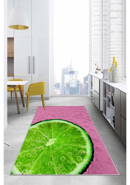 Baskılı Misket Limon Desenli Yıkanabilir Kaymaz Yolluk Salon Mutfak Halısı, Mutfak-63-Pembe,