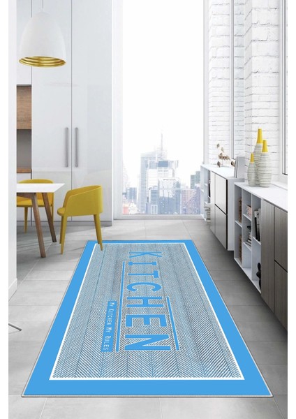 Baskılı Kitchen Yazı Desenli Yıkanabilir Kaymaz Yolluk Salon Mutfak Halısı, Mutfak-64-Turkuaz,