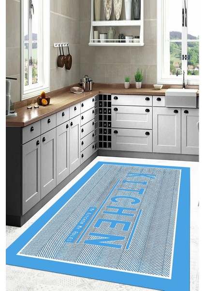 Baskılı Kitchen Yazı Desenli Yıkanabilir Kaymaz Yolluk Salon Mutfak Halısı, Mutfak-64-Turkuaz, modelleri
