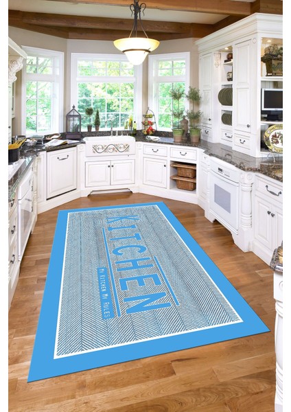 Baskılı Kitchen Yazı Desenli Yıkanabilir Kaymaz Yolluk Salon Mutfak Halısı, Mutfak-64-Turkuaz, fırsatları