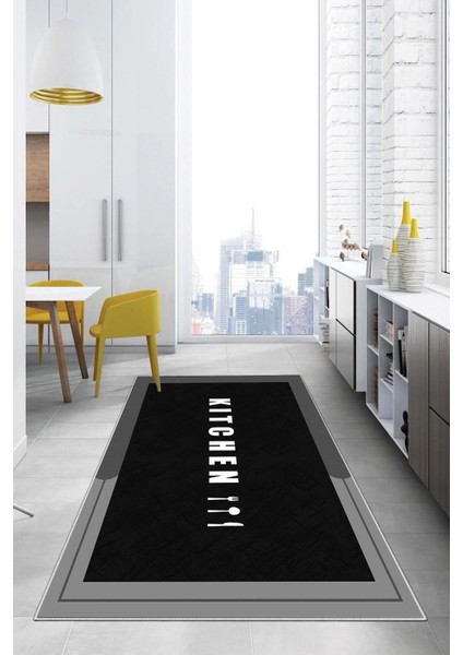 Baskılı Sade Kitchen Yazı Desenli Yıkanabilir Kaymaz Yolluk Salon Mutfak Halısı, Mutfak-65-Siyah,