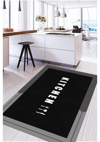 Baskılı Sade Kitchen Yazı Desenli Yıkanabilir Kaymaz Yolluk Salon Mutfak Halısı, Mutfak-65-Siyah, fiyatları