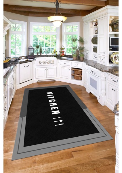 Baskılı Sade Kitchen Yazı Desenli Yıkanabilir Kaymaz Yolluk Salon Mutfak Halısı, Mutfak-65-Siyah, fırsatları