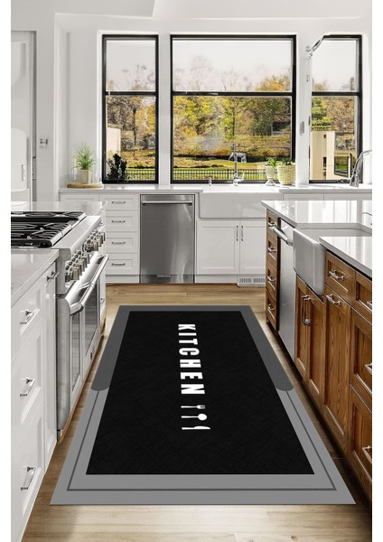 Baskılı Sade Kitchen Yazı Desenli Yıkanabilir Kaymaz Yolluk Salon Mutfak Halısı, Mutfak-65-Siyah, indirimleri