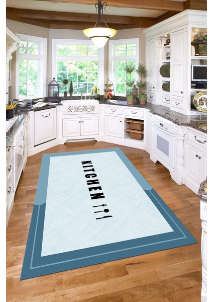 Baskılı Sade Kitchen Yazı Desenli Yıkanabilir Kaymaz Yolluk Salon Mutfak Halısı, Mutfak-65-Turkuaz, fırsatları