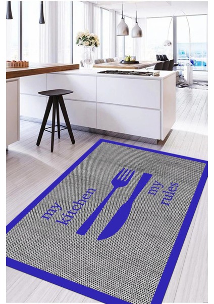 Dijital Baskılı Çatal Bıçak Motifli Yıkanabilir Kaymaz Yolluk Salon Mutfak Halısı, Mutfak-69-Mavi,