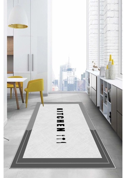 Baskılı Sade Kitchen Yazı Desenli Yıkanabilir Kaymaz Yolluk Salon Mutfak Halısı, Mutfak-65-Gri,