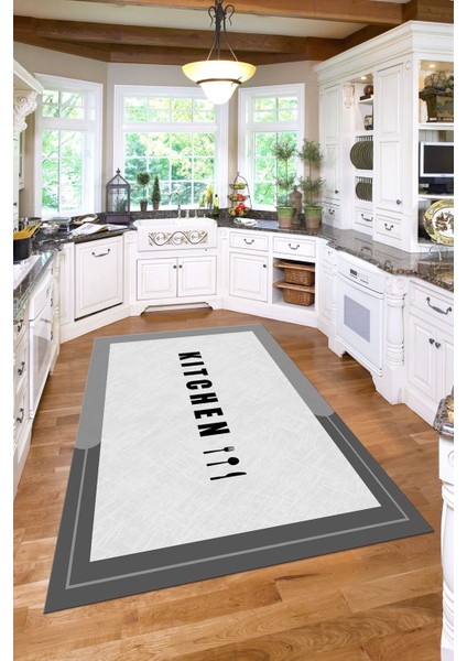 Baskılı Sade Kitchen Yazı Desenli Yıkanabilir Kaymaz Yolluk Salon Mutfak Halısı, Mutfak-65-Gri, fırsatları