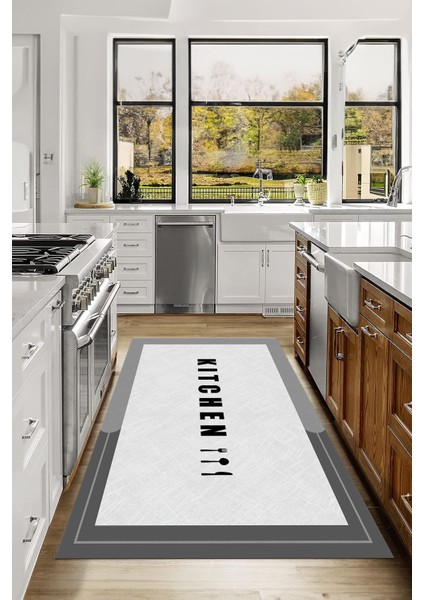 Baskılı Sade Kitchen Yazı Desenli Yıkanabilir Kaymaz Yolluk Salon Mutfak Halısı, Mutfak-65-Gri, indirimleri