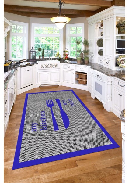 Dijital Baskılı Çatal Bıçak Motifli Yıkanabilir Kaymaz Yolluk Salon Mutfak Halısı, Mutfak-69-Mavi, modelleri