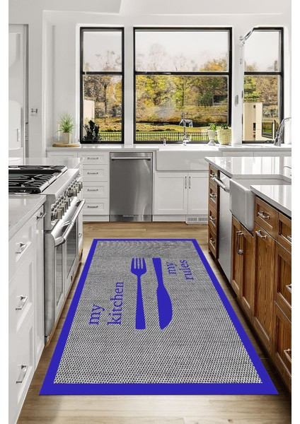 Dijital Baskılı Çatal Bıçak Motifli Yıkanabilir Kaymaz Yolluk Salon Mutfak Halısı, Mutfak-69-Mavi, fırsatları