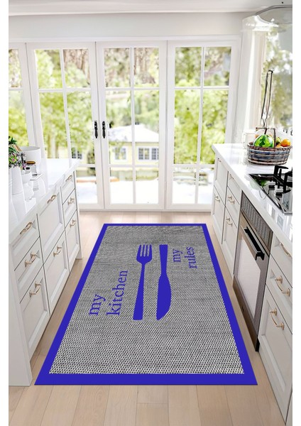 Dijital Baskılı Çatal Bıçak Motifli Yıkanabilir Kaymaz Yolluk Salon Mutfak Halısı, Mutfak-69-Mavi, indirimleri