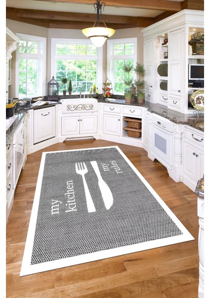 Dijital Baskılı Çatal Bıçak Motifli Yıkanabilir Kaymaz Yolluk Salon Mutfak Halısı, Mutfak-69-Beyaz, modelleri