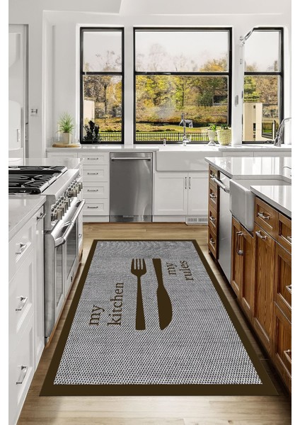 Dijital Baskılı Çatal Bıçak Motifli Yıkanabilir Kaymaz Yolluk Salon Mutfak Halısı, Mutfak-69-Kahve, fırsatları