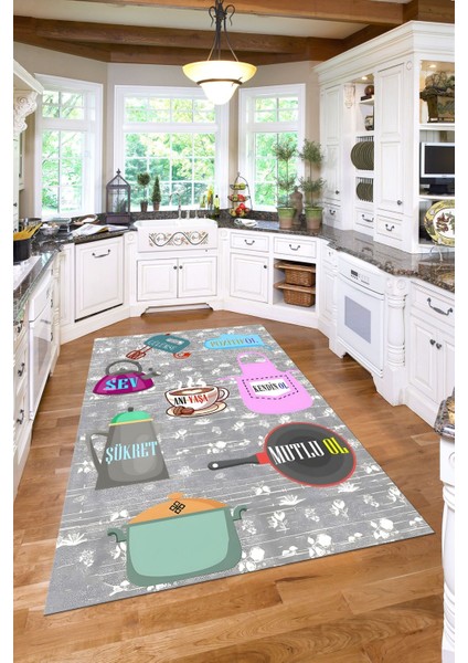 Baskılı Mutfak Eşya Desenli Yıkanabilir Kaymaz Yolluk Salon Mutfak Halısı, Mutfak-85-Gri,