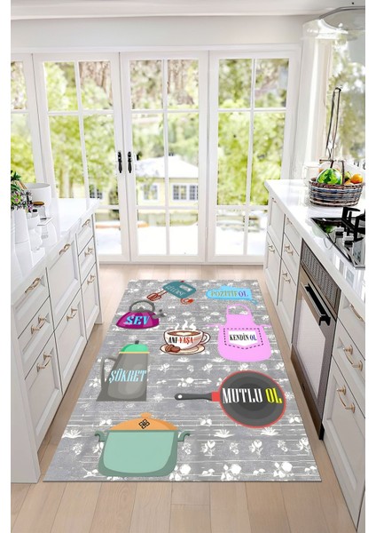 Baskılı Mutfak Eşya Desenli Yıkanabilir Kaymaz Yolluk Salon Mutfak Halısı, Mutfak-85-Gri, modelleri