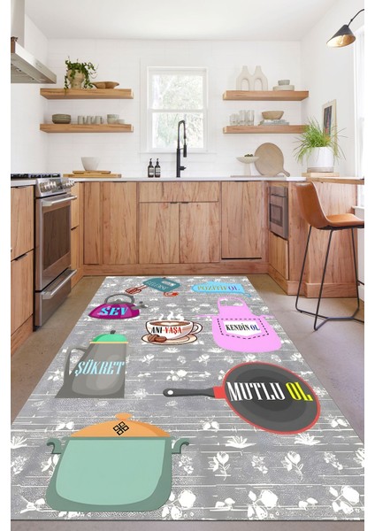 Baskılı Mutfak Eşya Desenli Yıkanabilir Kaymaz Yolluk Salon Mutfak Halısı, Mutfak-85-Gri, fırsatları