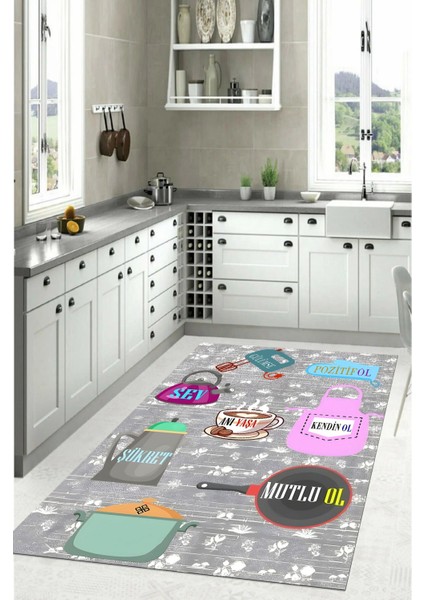 Baskılı Mutfak Eşya Desenli Yıkanabilir Kaymaz Yolluk Salon Mutfak Halısı, Mutfak-85-Gri, indirimleri