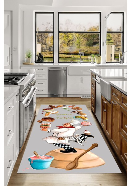 Dijital Baskılı Pasta Şef Desenli Yıkanabilir Kaymaz Yolluk Salon Mutfak Halısı, Mutfak-83-Gri, fiyatları
