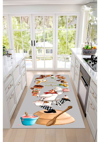 Dijital Baskılı Pasta Şef Desenli Yıkanabilir Kaymaz Yolluk Salon Mutfak Halısı, Mutfak-83-Gri, modelleri