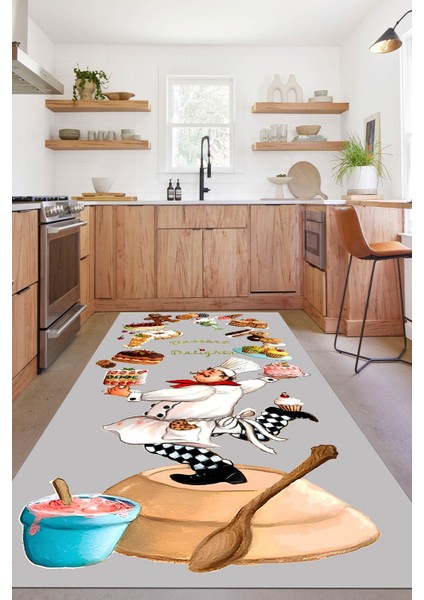 Dijital Baskılı Pasta Şef Desenli Yıkanabilir Kaymaz Yolluk Salon Mutfak Halısı, Mutfak-83-Gri, fırsatları