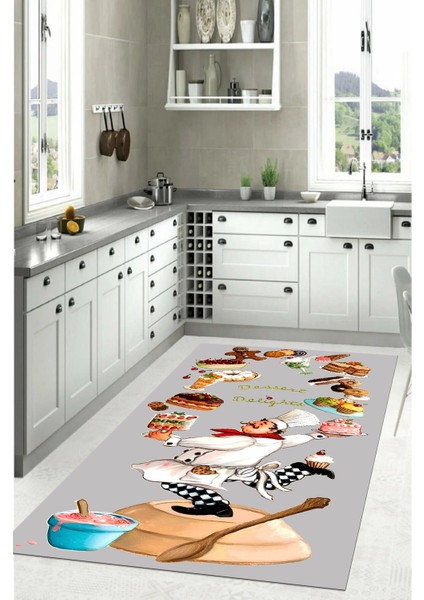 Dijital Baskılı Pasta Şef Desenli Yıkanabilir Kaymaz Yolluk Salon Mutfak Halısı, Mutfak-83-Gri, indirimleri