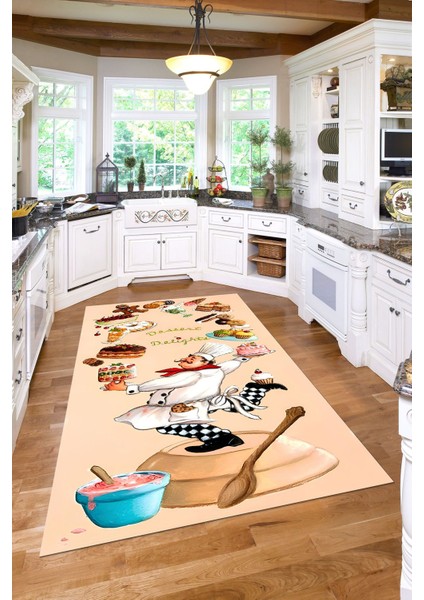 Dijital Baskılı Pasta Şef Desenli Yıkanabilir Kaymaz Yolluk Salon Mutfak Halısı, Mutfak-83-Krem,