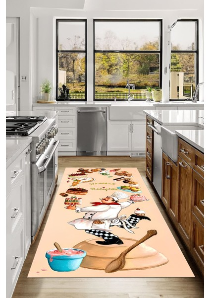 Dijital Baskılı Pasta Şef Desenli Yıkanabilir Kaymaz Yolluk Salon Mutfak Halısı, Mutfak-83-Krem, fiyatları