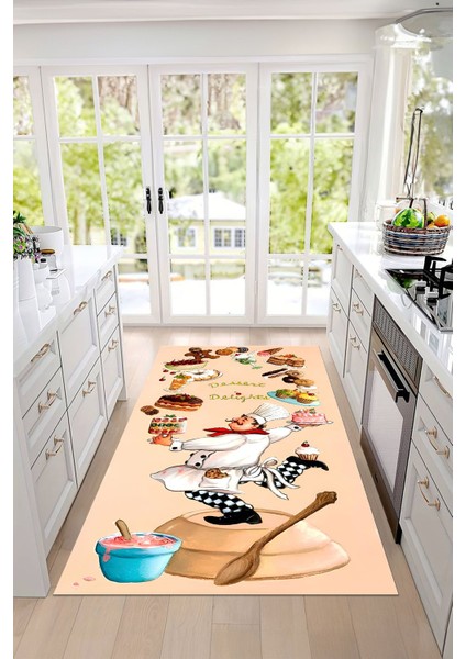 Dijital Baskılı Pasta Şef Desenli Yıkanabilir Kaymaz Yolluk Salon Mutfak Halısı, Mutfak-83-Krem, modelleri