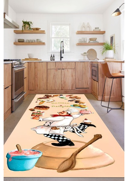 Dijital Baskılı Pasta Şef Desenli Yıkanabilir Kaymaz Yolluk Salon Mutfak Halısı, Mutfak-83-Krem, fırsatları