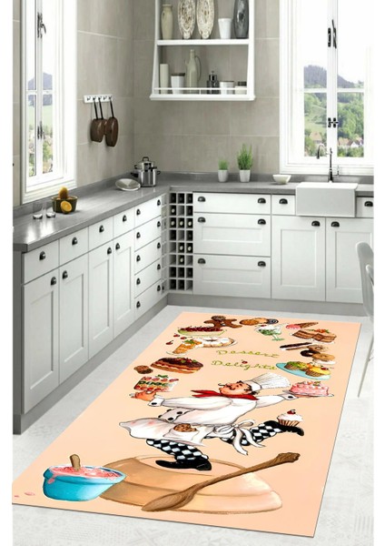 Dijital Baskılı Pasta Şef Desenli Yıkanabilir Kaymaz Yolluk Salon Mutfak Halısı, Mutfak-83-Krem, indirimleri
