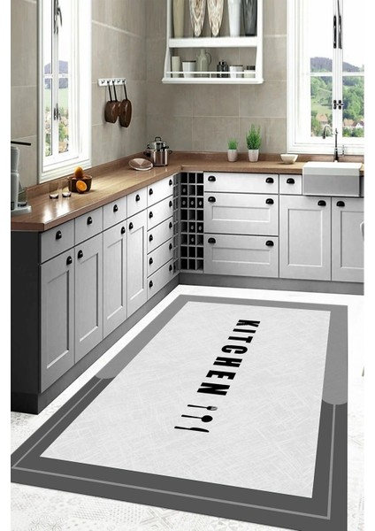 Baskılı Sade Kitchen Yazı Desenli Yıkanabilir Kaymaz Yolluk Salon Mutfak Halısı, Mutfak-65-Gri, modelleri