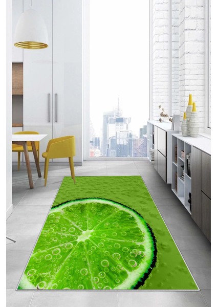 Baskılı Misket Limon Desenli Yıkanabilir Kaymaz Yolluk Salon Mutfak Halısı, Mutfak-63-Yeşil,