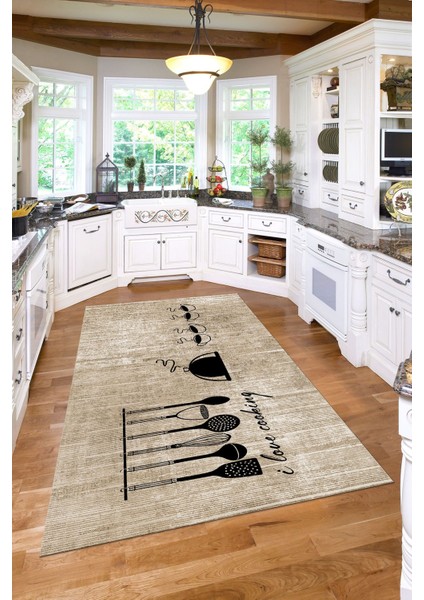 Baskılı Kahve Fincan Desenli Yıkanabilir Kaymaz Yolluk Salon Mutfak Halısı, Mutfak-86-Bej,