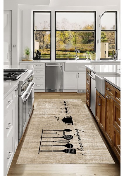 Baskılı Kahve Fincan Desenli Yıkanabilir Kaymaz Yolluk Salon Mutfak Halısı, Mutfak-86-Bej, fiyatları