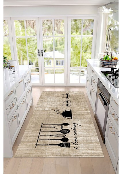 Baskılı Kahve Fincan Desenli Yıkanabilir Kaymaz Yolluk Salon Mutfak Halısı, Mutfak-86-Bej, modelleri