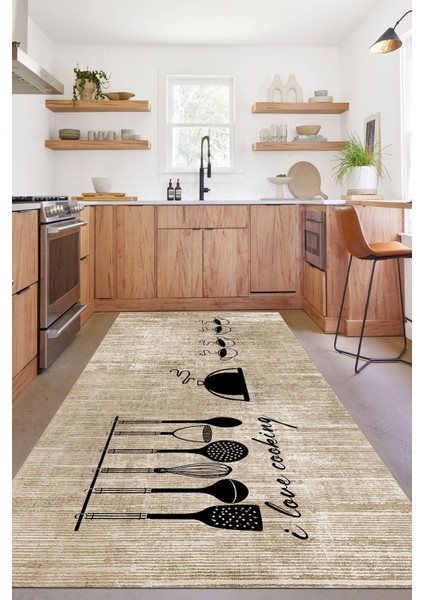 Baskılı Kahve Fincan Desenli Yıkanabilir Kaymaz Yolluk Salon Mutfak Halısı, Mutfak-86-Bej, fırsatları
