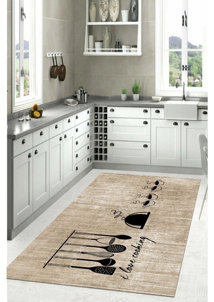 Baskılı Kahve Fincan Desenli Yıkanabilir Kaymaz Yolluk Salon Mutfak Halısı, Mutfak-86-Bej, indirimleri