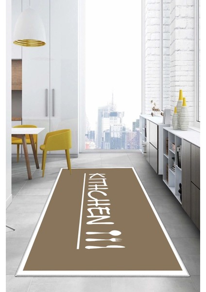 Baskılı Modern Kitchen Yazılı Yıkanabilir Kaymaz Yolluk Salon Mutfak Halısı, Mutfak-67-Bej,