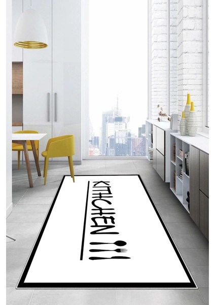 Baskılı Modern Kitchen Yazılı Yıkanabilir Kaymaz Yolluk Salon Mutfak Halısı, Mutfak-67-Beyaz,