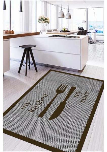 Dijital Baskılı Çatal Bıçak Motifli Yıkanabilir Kaymaz Yolluk Salon Mutfak Halısı, Mutfak-69-Kahve,