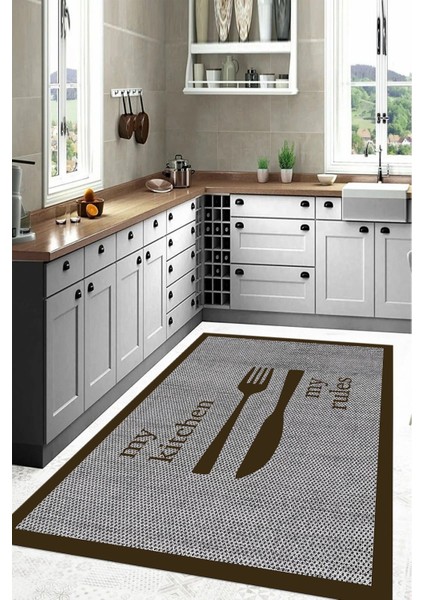 Dijital Baskılı Çatal Bıçak Motifli Yıkanabilir Kaymaz Yolluk Salon Mutfak Halısı, Mutfak-69-Kahve, fiyatları