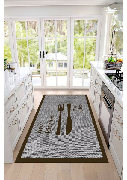 Dijital Baskılı Çatal Bıçak Motifli Yıkanabilir Kaymaz Yolluk Salon Mutfak Halısı, Mutfak-69-Kahve, indirimleri