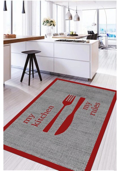Dijital Baskı Çatal Bıçak Motifli Yıkanabilir Kaymaz Yolluk Salon Mutfak Halısı, Mutfak-69-Kırmızı,