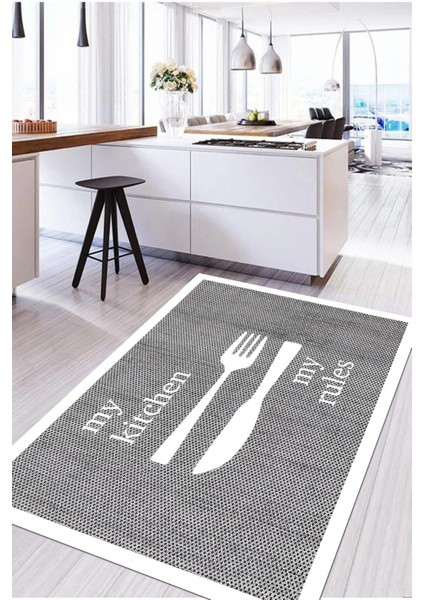 Dijital Baskılı Çatal Bıçak Motifli Yıkanabilir Kaymaz Yolluk Salon Mutfak Halısı, Mutfak-69-Beyaz,