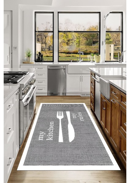 Dijital Baskılı Çatal Bıçak Motifli Yıkanabilir Kaymaz Yolluk Salon Mutfak Halısı, Mutfak-69-Beyaz, fırsatları