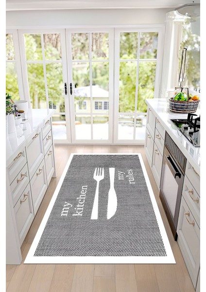 Dijital Baskılı Çatal Bıçak Motifli Yıkanabilir Kaymaz Yolluk Salon Mutfak Halısı, Mutfak-69-Beyaz, indirimleri