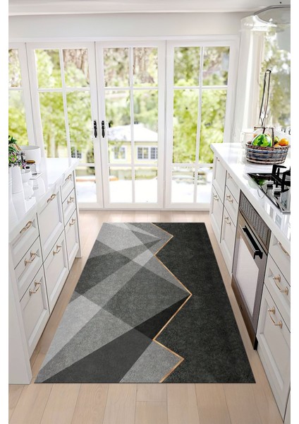 Dijital Baskılı Sade Dekoratif Yıkanabilir Kaymaz Yolluk Salon Mutfak Halısı, Mutfak-97-Gri,