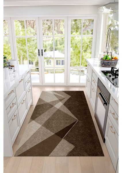 Dijital Baskılı Sade Dekoratif Yıkanabilir Kaymaz Yolluk Salon Mutfak Halısı, Mutfak-97-Kahve,